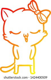 warm gradient line drawing of a cartoon cat with bow on head