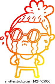 warm gradient line drawing of a cartoon crying woman wearing sunglasses