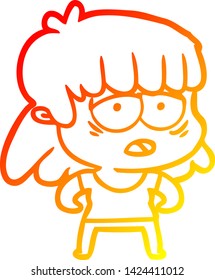 warme Farbverlauf-Linie Zeichnung einer Cartoon müder Frau