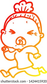 warm gradient line drawing of a cartoon angry old woman