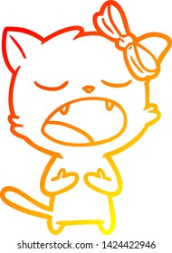 warm gradient line drawing of a cartoon cat meowing