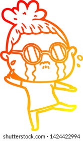 warme Farbverlauf-Linie Zeichnung einer Cartoon weinenden Frau mit Brille