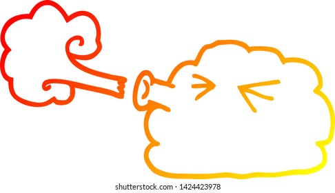 warm gradient line drawing of a cartoon cloud blowing a gale