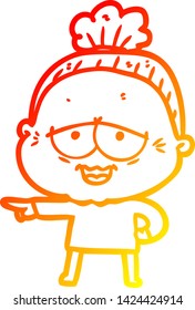 warm gradient line drawing of a cartoon happy old lady