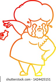 dibujo de línea de gradiente cálido de una mujer llorando caricatura lanzando pañuelo