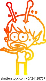 warm gradient line drawing of a cartoon shocked alien girl