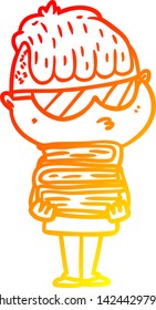 warm gradient line drawing of a cartoon boy wearing sunglasses with stack of books