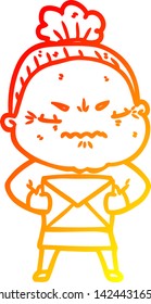dibujo de línea de gradiente cálido de una vieja fastidiada caricatura