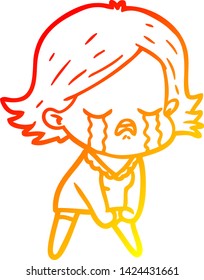 warm gradient line drawing of a cartoon girl crying