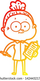 dibujo de línea de gradiente cálido de una anciana feliz con dibujos animados