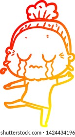 warm gradient line drawing of a cartoon crying old lady