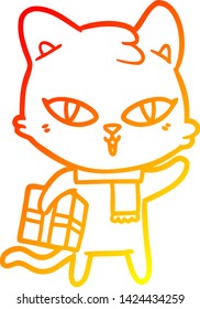 warm gradient line drawing of a cartoon cat with a present