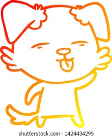 dibujo de línea de gradiente cálido de un perro de dibujos animados pegando la lengua