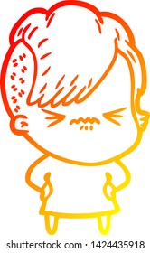 warm gradient line drawing of a cartoon annoyed hipster girl