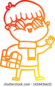 warm gradient line drawing of a cartoon boy wearing spectacles carrying gift