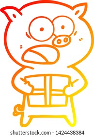 warm gradient line drawing of a cartoon pig with christmas present