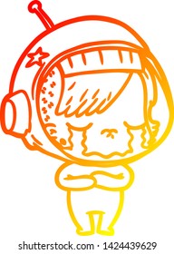warm gradient line drawing of a cartoon crying astronaut girl