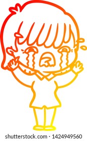 warm gradient line drawing of a cartoon girl crying