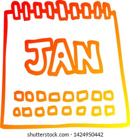 dibujo de línea de degradado cálido de un calendario de dibujos animados que muestra el mes de enero