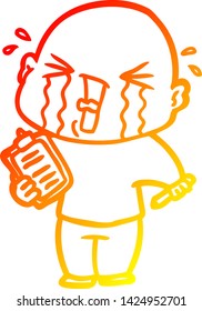 dibujo de línea de degradado cálido de un hombre llorando de caricatura con portapapeles