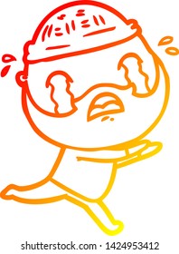 dibujo de línea de gradiente cálido de un hombre barbudo de dibujos animados llorando