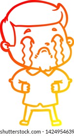 dibujo de línea de degradado cálido de un hombre de dibujos animados llorando