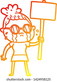 warm gradient line drawing of a cartoon crying woman wearing spectacles