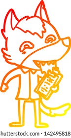 warm gradient line drawing of a cartoon hungry wolf with clip board