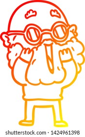 warm gradient line drawing of a cartoon amazed man with beard