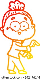 warm gradient line drawing of a cartoon happy old woman