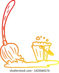 warme Farbverlauf-Linienzeichnung eines Cartoon-Mop und Eimer