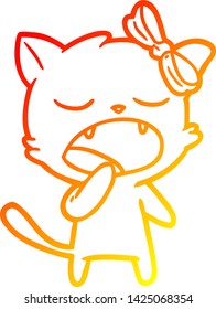 warm gradient line drawing of a cartoon yawning cat