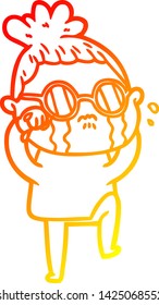 warm gradient line drawing of a cartoon crying woman wearing spectacles