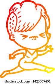 warm gradient line drawing of a cartoon annoyed hipster girl