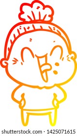 warm gradient line drawing of a cartoon happy old woman