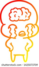 warm gradient line drawing of a cartoon big brain alien crying