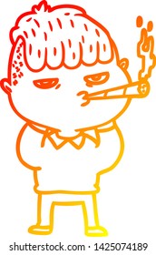 dibujo de línea de degradado cálido de un hombre de dibujos animados que fuma