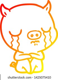 warm gradient line drawing of a cartoon sitting pig crying