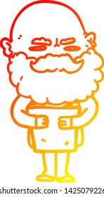 dibujo de línea de degradado cálido de un hombre de dibujos animados con barba frunciendo el ceño