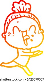 warm gradient line drawing of a cartoon happy old woman