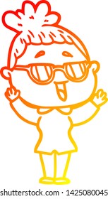 warm gradient line drawing of a cartoon happy woman wearing spectacles