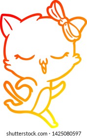 warm gradient line drawing of a cartoon cat with bow on head