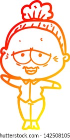 warm gradient line drawing of a cartoon happy old lady