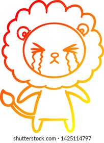 warm gradient line drawing of a cartoon crying lion