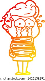 warm gradient line drawing of a cartoon crying student with stack of books