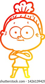 warm gradient line drawing of a cartoon happy old woman