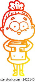 warm gradient line drawing of a cartoon happy old woman