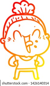 warm gradient line drawing of a cartoon happy old woman
