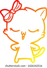 warm gradient line drawing of a cartoon cat with bow on head