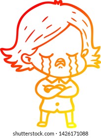 dibujo de línea de gradiente cálido de una niña de dibujos animados llorando